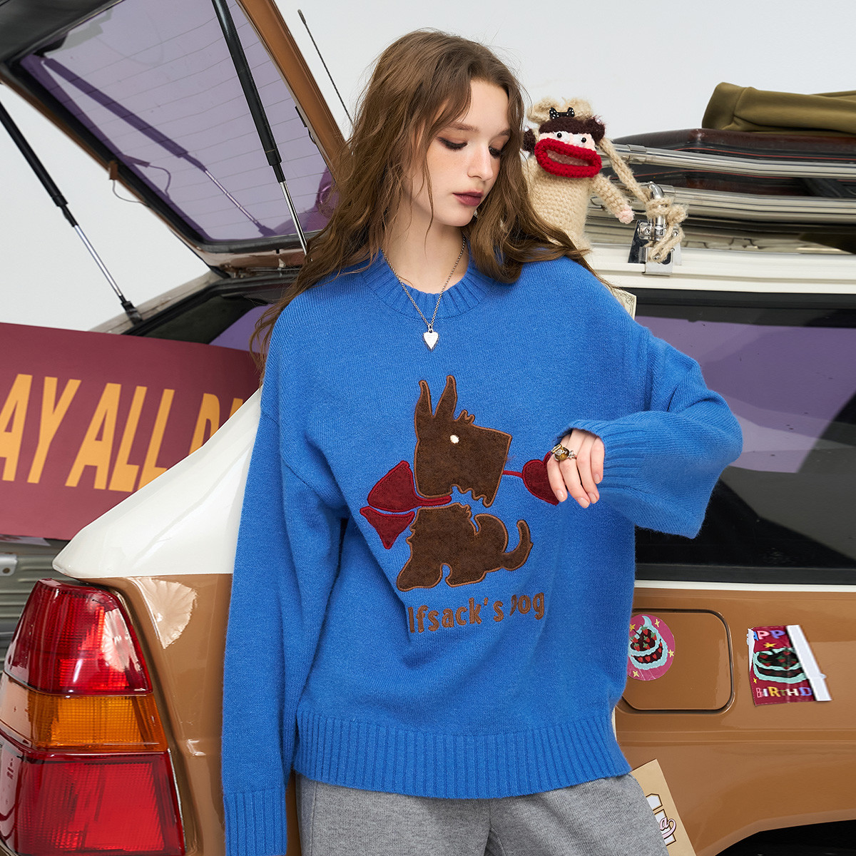 【玩乐系列】2024秋冬卡通提花宽松套头针织衫短款毛衣女