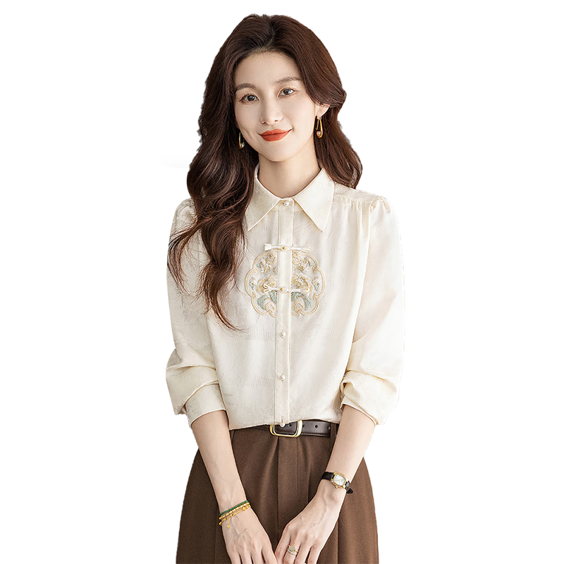 丝柏舍新中式衬衫2025春装新款女装国风刺绣宽松款长袖上衣