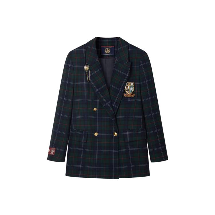 小熊秋冬款学院风宽松中长款双排扣戗驳领西装外套