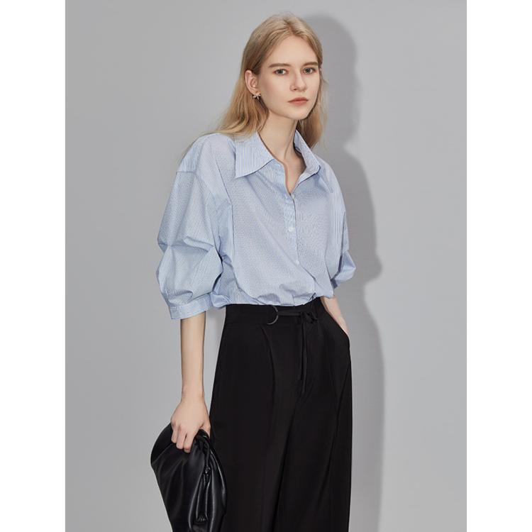 蓝白条纹衬衫夏高级感经典都市休闲干净竖条纹女式五分袖衬衣