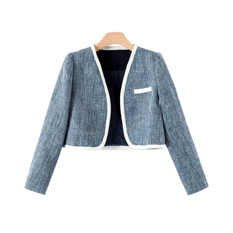 晚白2025春款洋气小香风外搭上衣V领长袖通勤百搭显瘦时尚短外套女