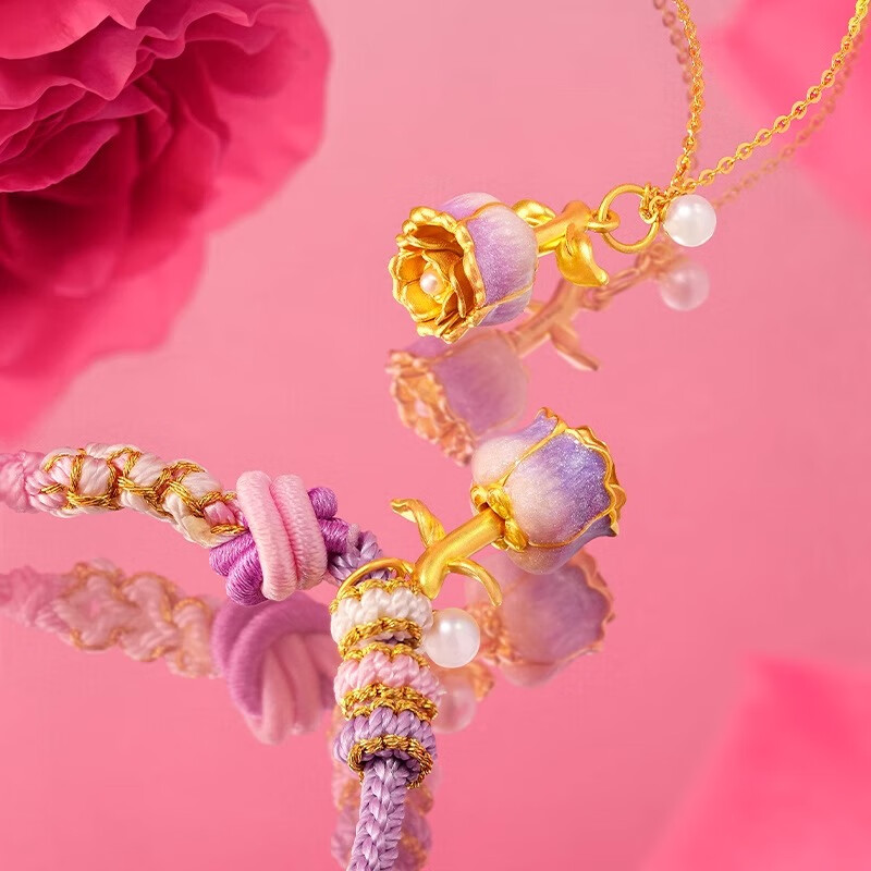 潮宏基黄金珍珠吊坠女鎏彩玫瑰荧光珐琅可伸缩送女友女神节礼物TK F 单吊坠 赠银链