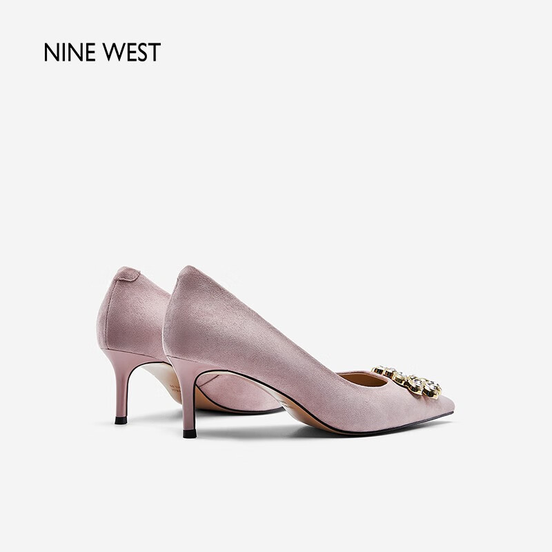 NINE WEST/玖熙羊反绒高跟鞋女春秋优雅宴会水钻尖头细跟单鞋 粉色 35