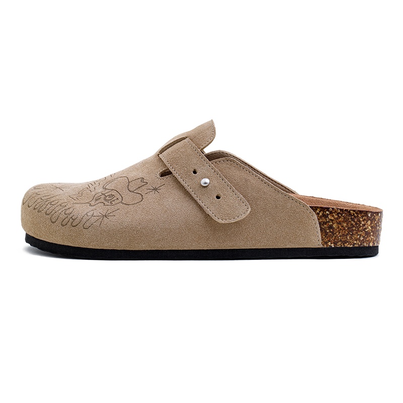 马登插画版穆勒鞋半拖男夏新款厚底真皮包头凉拖鞋外穿钓鱼平底情侣鞋 沙丘色 44 (270mm) 男码-偏大一码