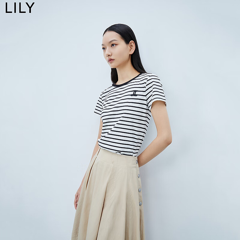 丽丽LILY【商场同款】夏新款女装别致绣花复古简约条纹短袖T恤女