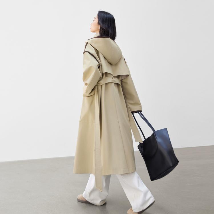2024秋装简约廓形撞色包边连帽大口袋撞色扣女式长款风衣外套