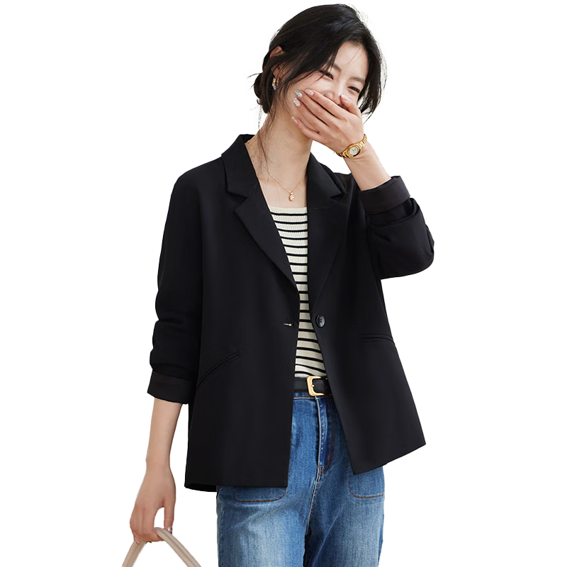 她享短外套女休闲西装外套职场穿搭气质小西服黑色短款上衣T143U6001