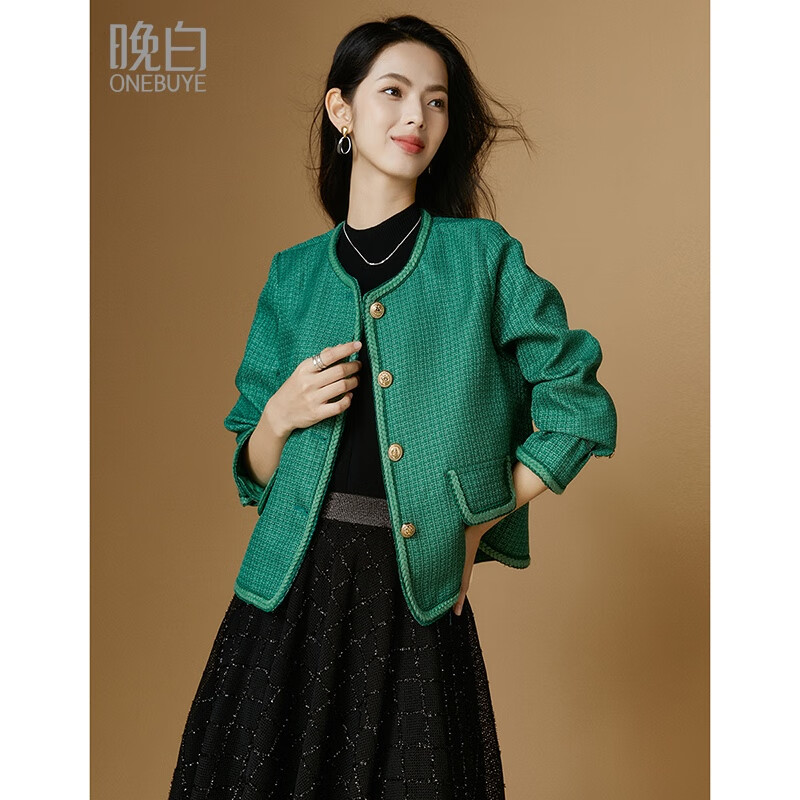 晚白【断码直降】新款粗花呢气质小香风通勤减龄休闲短款外套女 绿色 L