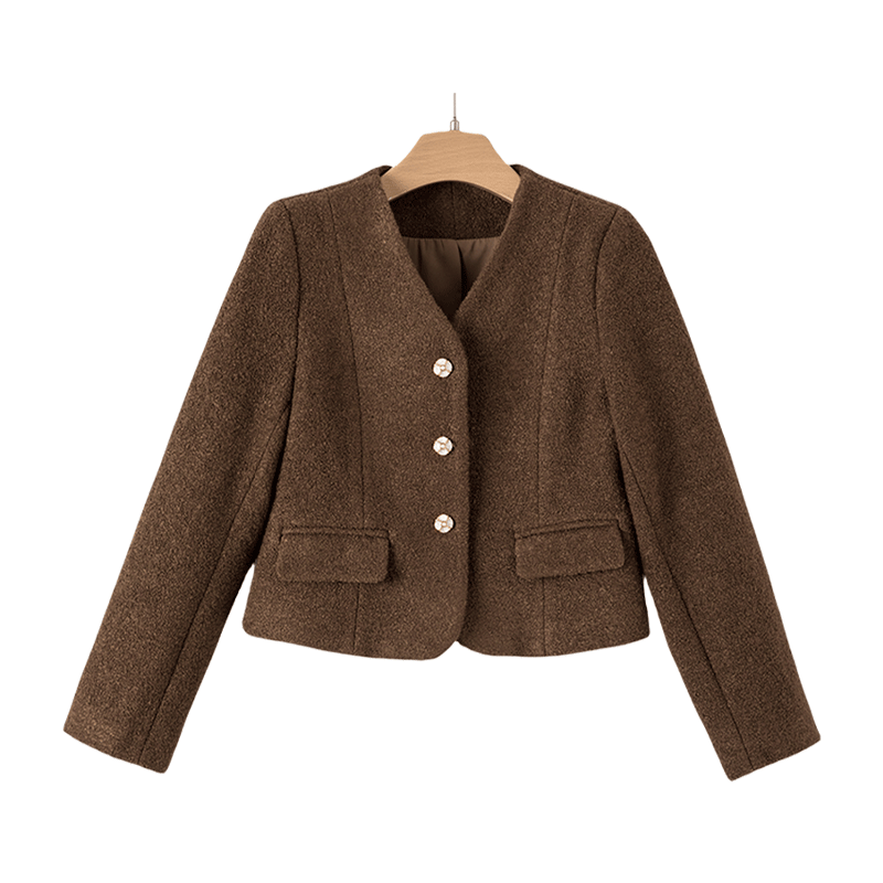 晚白2025年新款简约小个子穿搭外套纯色美拉德短款小香风羊毛外套女