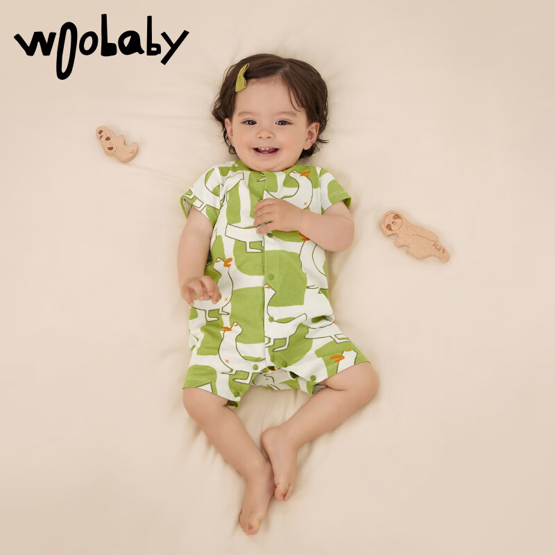 Woobaby新生婴幼儿连体衣爬服埃及棉夏季满月宝宝纯棉