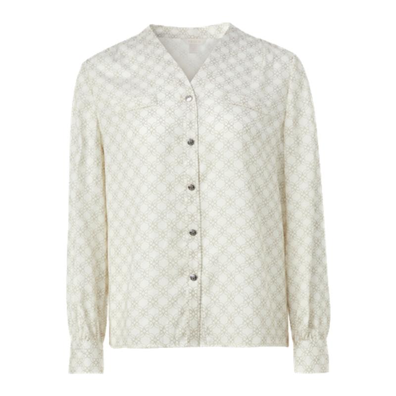 PRICH气质V领提花长袖衬衫别致金属扣基础百搭休闲上衣女