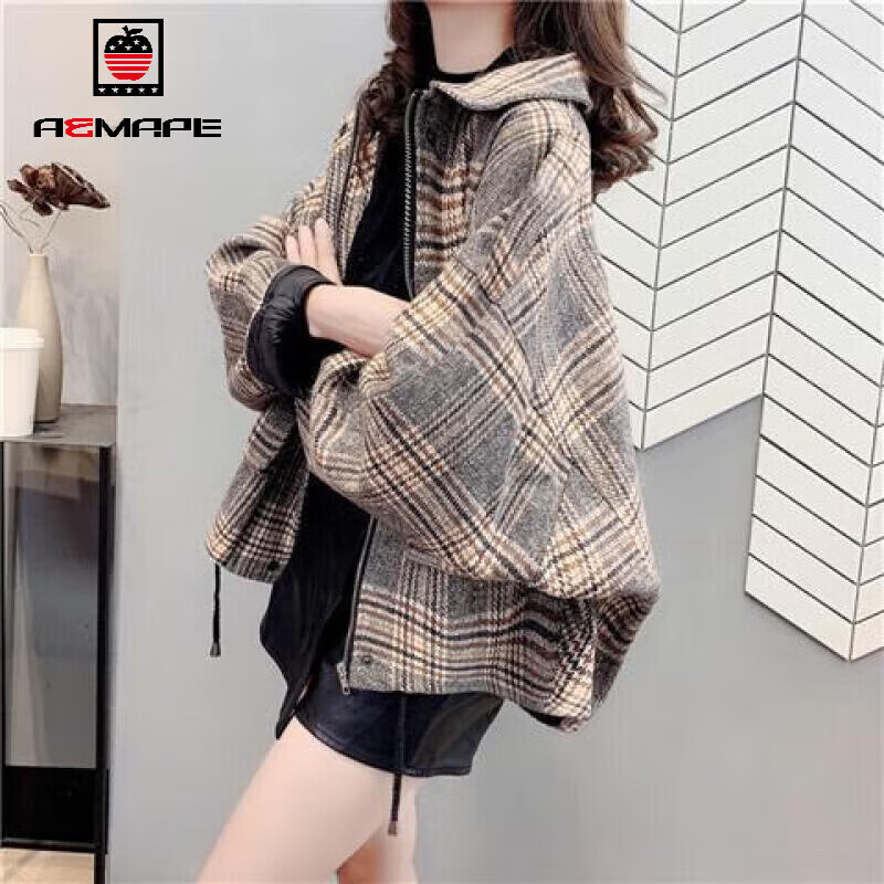 AEMAPE外套女2025年春秋冬季新款盐系毛呢格子短外套女装韩版上衣 咖色 S