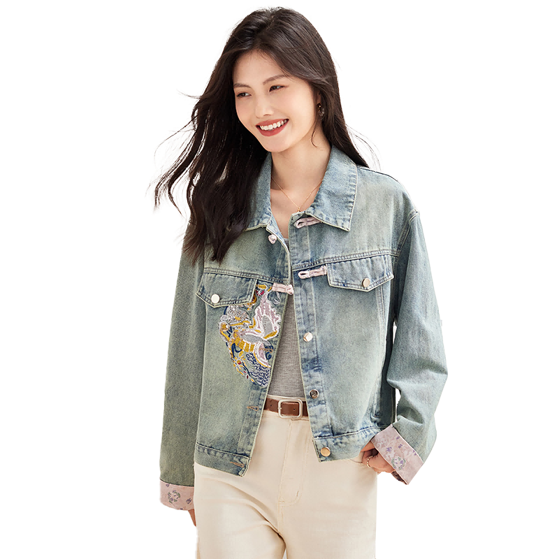 她享 牛仔外套女新复古回潮国风夹克外套春秋装刺绣牛仔上衣T143U5002