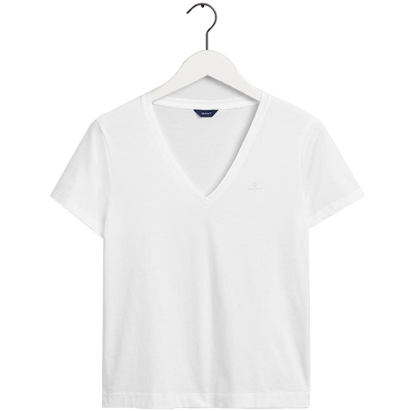 【100%棉】GANT/甘特女士简约通勤风纯色百搭V领上衣重磅短袖T恤
