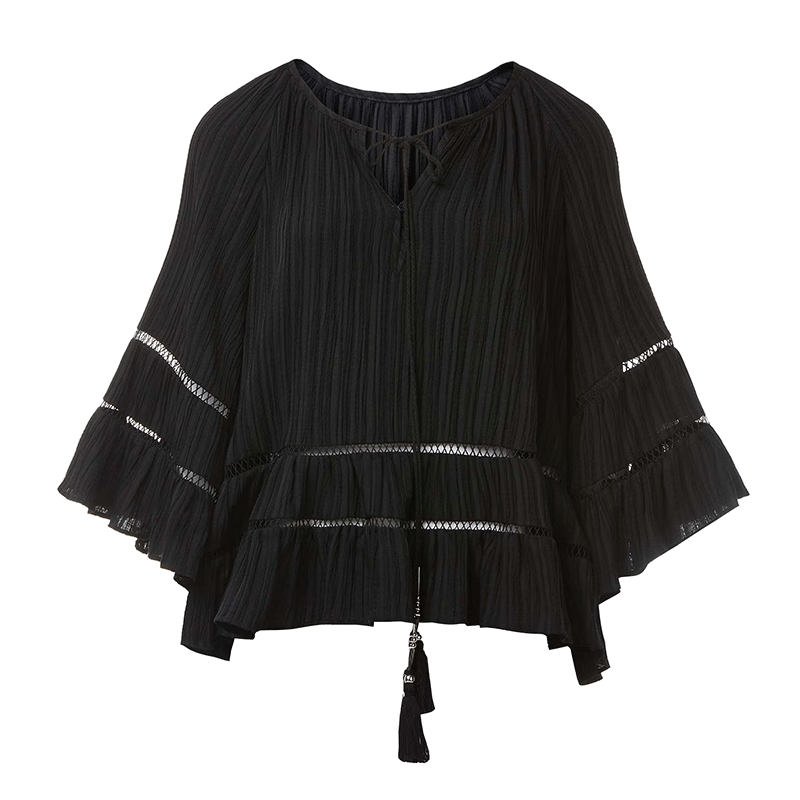 S.DEER圣迪奥女装新中式套装圆领流苏肌理宽松衬衫S24360401