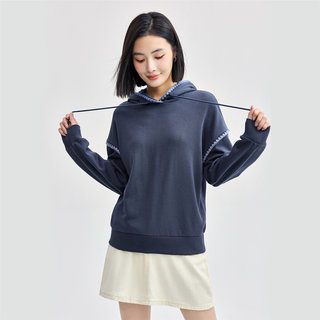 时尚百搭撞色贝壳绣抽绳连帽针织套头卫衣女士