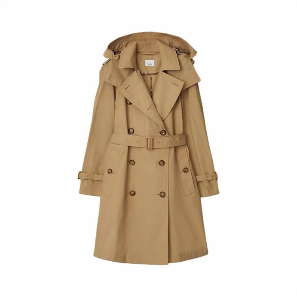 BURBERRY/博柏利 女士米色纯色棉质双排扣连帽中长款风衣