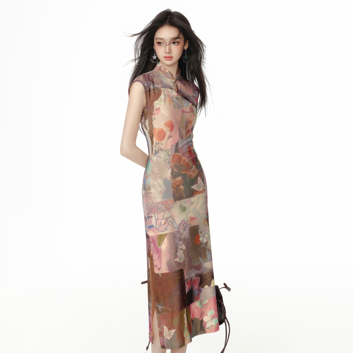 复古新中式旗袍裙女25夏季侧边开叉设计中长款印花连衣裙