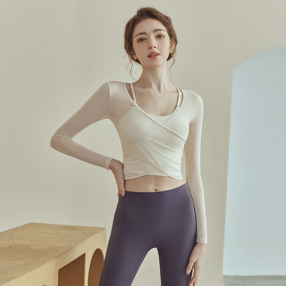 槿城瑜伽服女春夏2025新款高级感普拉提训练服健身套装运动长袖上衣 上衣【内置胸垫】PS1  【100-118斤】
