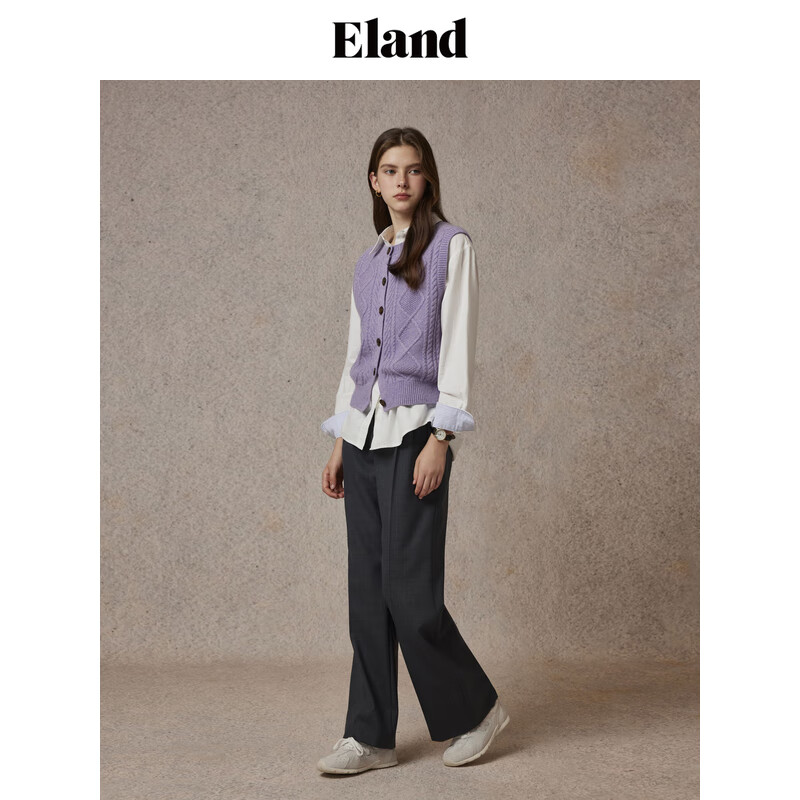 ELAND【100%绵羊毛】衣恋马夹女菱形格纹正反两穿背心24冬季新款 (33)OATEAL /165