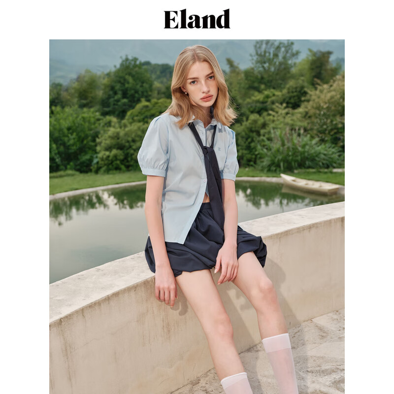 ELAND衣恋短袖衬衫女学院风蝴蝶结泡泡袖甜美风上衣2024夏季新款