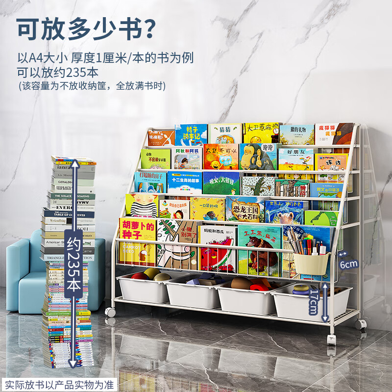 SOFS儿童书架落地绘本架宝宝铁艺小书柜简易书报杂志架书本展示置物架玩具收纳架 XXL码(5+1层)4盒 有轮子