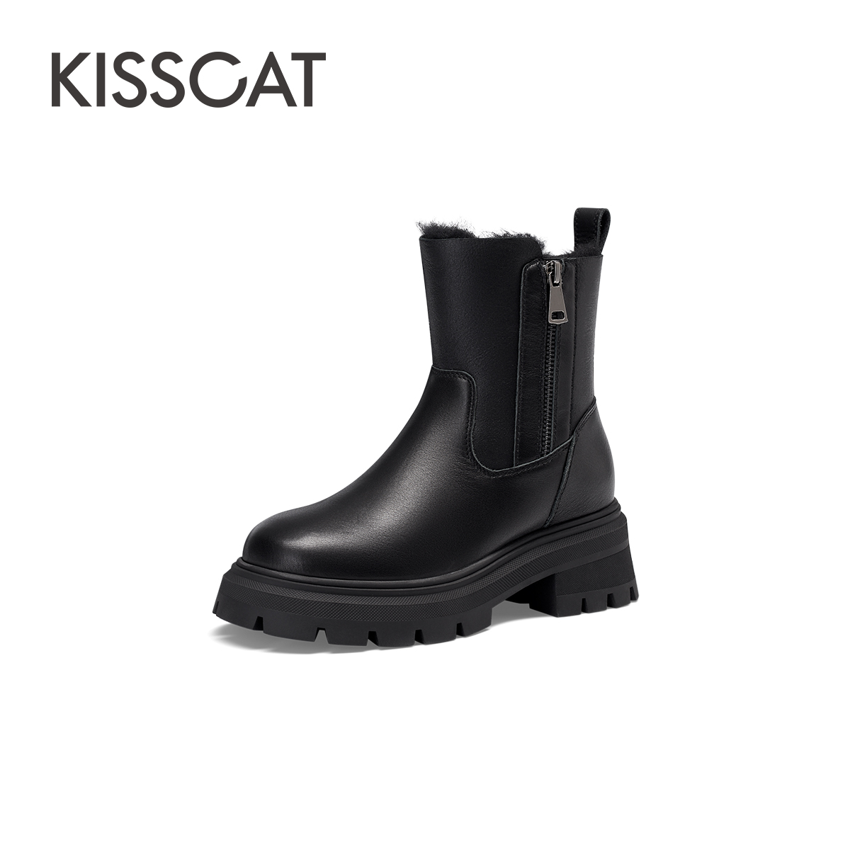 KISSCAT接吻猫休闲气质真皮靴简约增高时尚雪地靴女