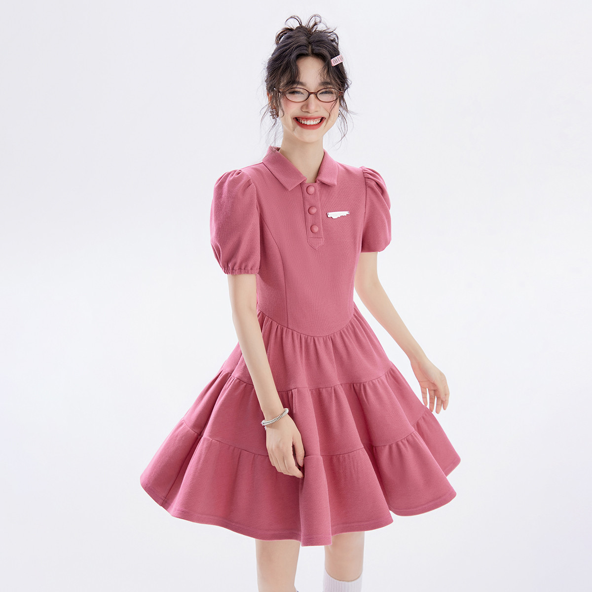 polo连衣裙女25夏季学院风减龄泡泡袖纯色a字连衣裙女