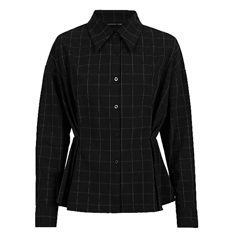 S.DEER圣迪奥2022春季休闲翻领撞色格纹长袖修身收腰衬衫女款S22180529