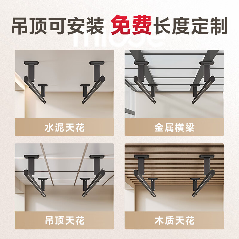 四季沐歌晾衣杆顶装固定晾衣架阳台晾衣杆室内铝合金挂衣架防风吊顶晾衣架 灰色双杆 长2米，底座15cm