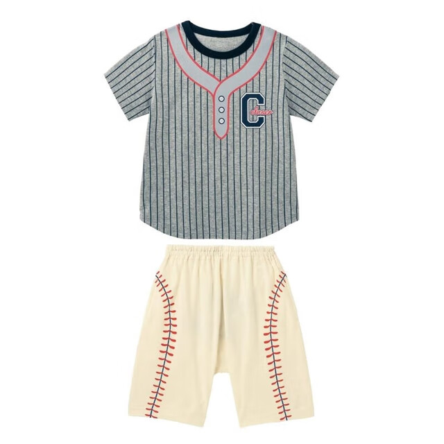 千趣会 SENSHUKAI童装男童女童套装春夏季短袖T恤短裤运动纯棉儿童外出服套装 麻灰色(棒球) 90 cm