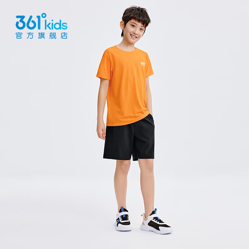361°童装男女童运动短袖短裤套装2025年夏季通码套装 亮橘色/经典黑 150