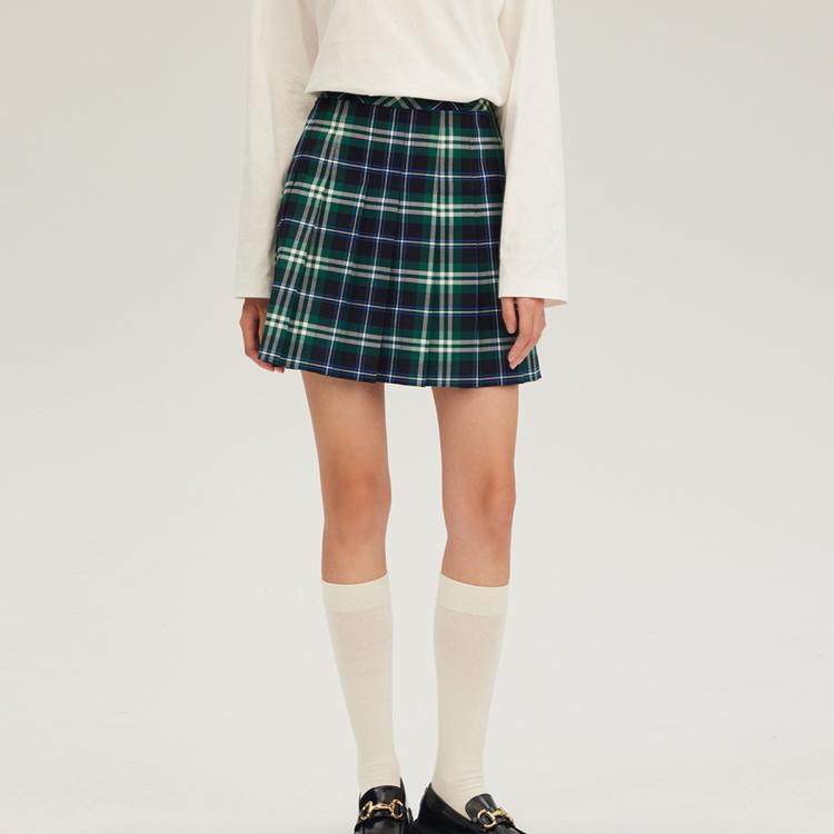 Eland衣恋半身裙格纹半身裙女士春季款格雷系百褶裙短裙子女