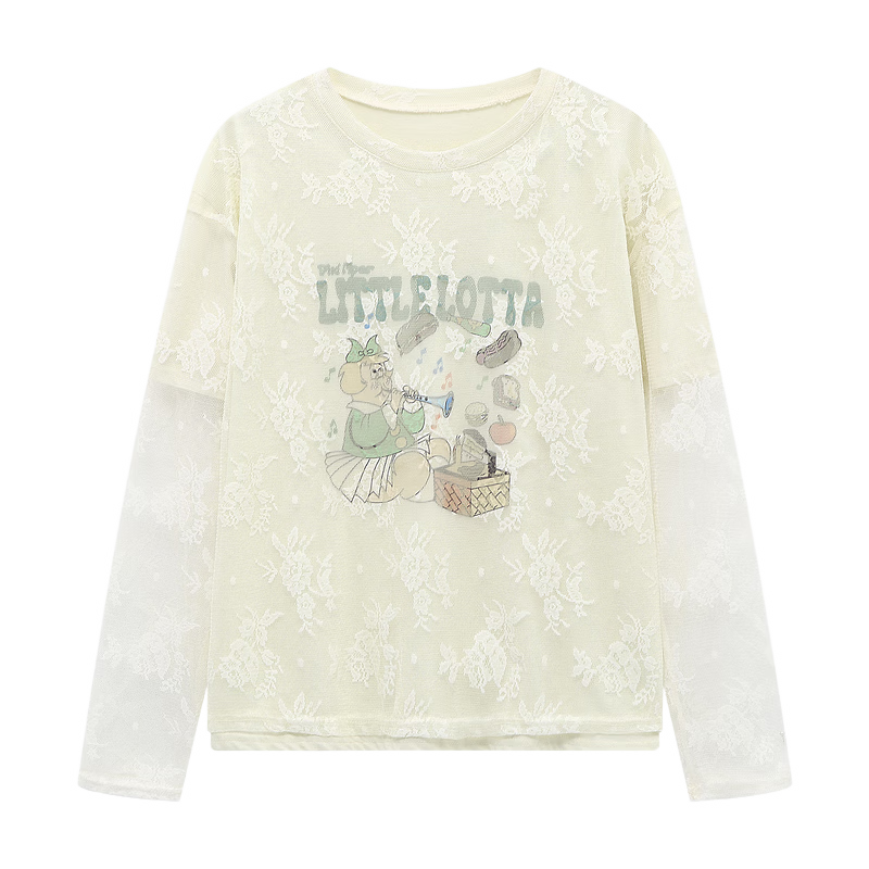 百家好（Basic House）Basic House/百家好宽松假两件上衣早春新款刺绣蕾丝设计长袖T恤