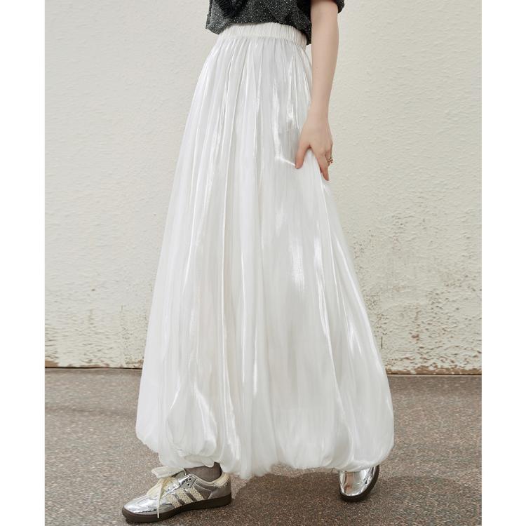 珠光摆垂感纯色简约飘逸花苞裙夏季气质长款高腰半截裙