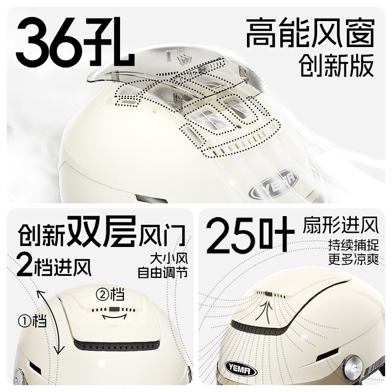 野马（YEMA）头盔电动车3c认证男女夏季防晒摩托车半盔四季通用0感天窗新国标电瓶车帽 亚钛灰【透明长镜】+【极光蓝长镜】