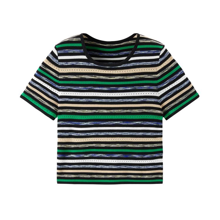 【复古风条纹】夏修身圆领线套衫女针织衫