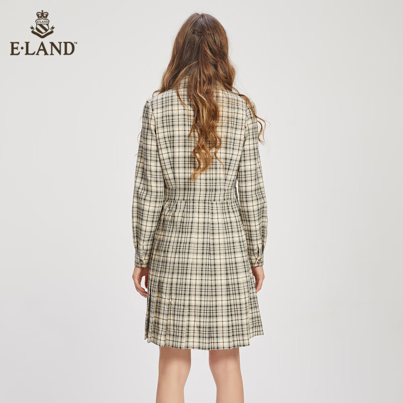 ELAND衣恋连衣裙女学院风复古格纹青减龄衬衫裙子女春秋 (35)Beige