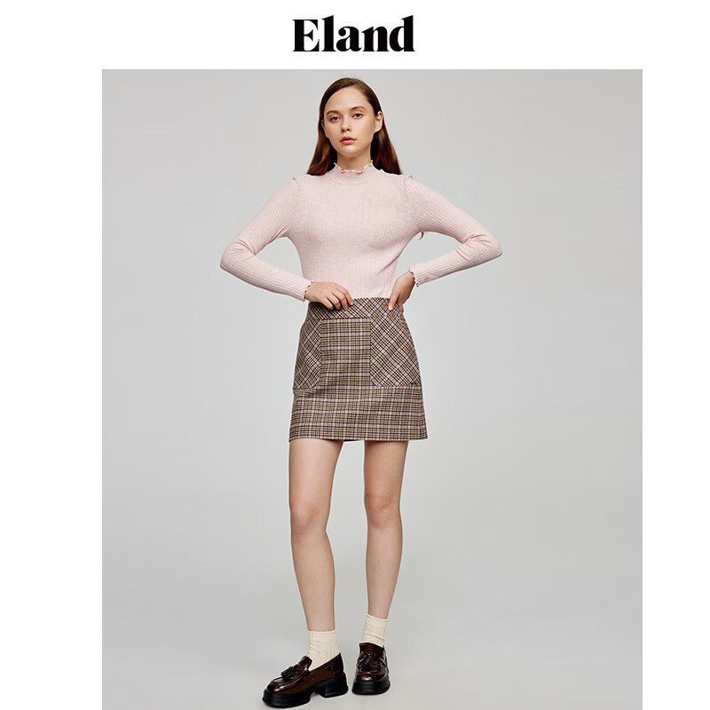 ELAND衣恋半身裙女春季经典格纹羊毛A字裙半身裙极简风西装半裙女