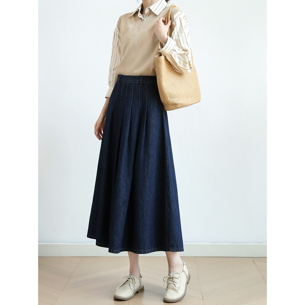 纯棉复古牛仔半身裙女2025春秋季时尚高腰显瘦气质A字裙子