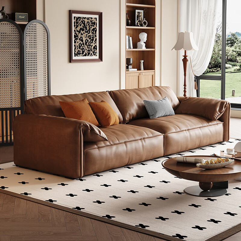 中派真皮沙发客厅头层小黄牛皮意式复古极简约中古风轻奢现代真皮沙发 2.1米三人位 星选版【松木+小黄牛皮】