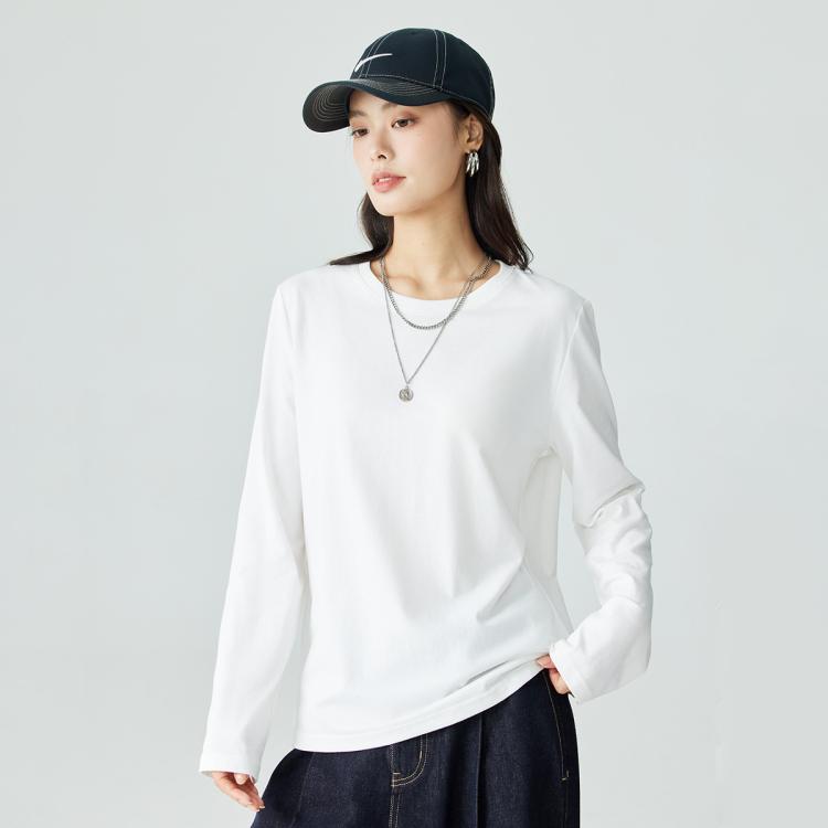 全棉纯色基础百搭长袖白T恤女2025春季舒适休闲打底衫