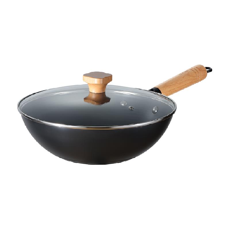 卡罗特铁锅炒锅家用炒菜无涂层不粘电磁炉燃气老式精铁平底锅