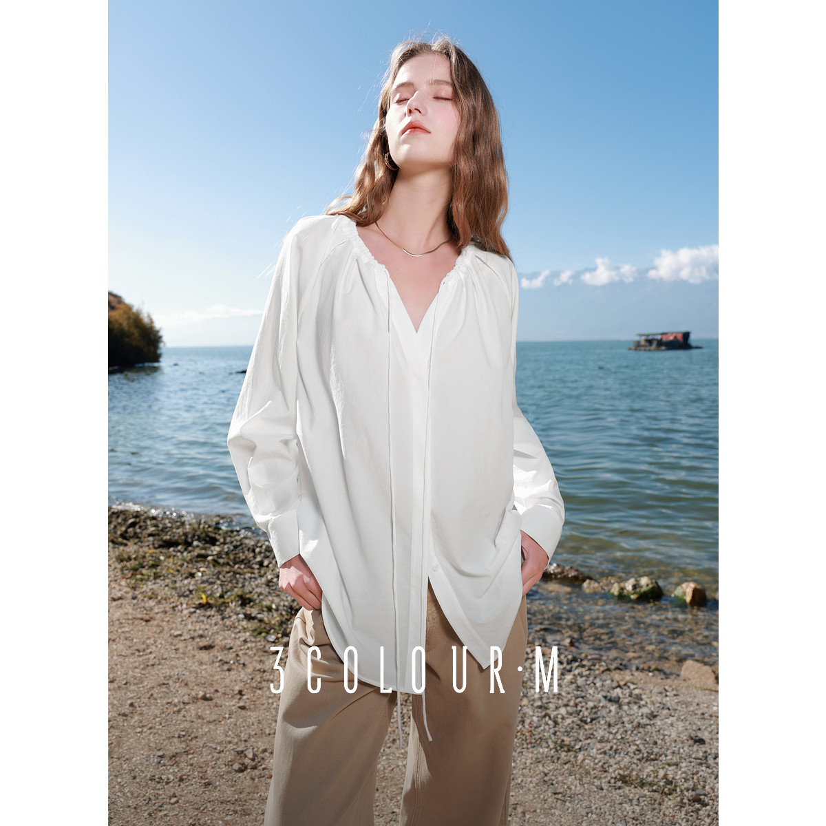 【2025春季】OL风中长白衬衫系带V领设计感气质衬衣M