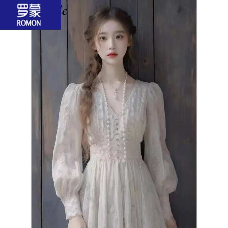 罗蒙（ROMON）女装白色连衣裙春秋季2024新款中国风时尚高贵小香风长袖公主裙子 米白色 M
