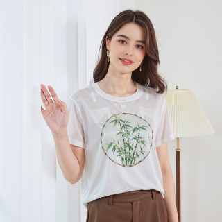 阿仕顿 2025夏季高端桑蚕丝品质中国风圆领短袖T恤女 L 白色N5S02200