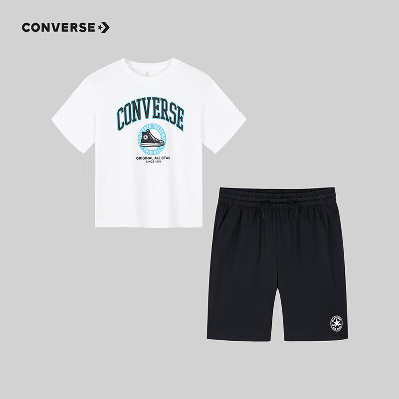 匡威（Converse）匡威童装男童套装2025夏季中大童休闲短t短裤两件套宽松上衣 纯白色 140 /68 【身高128-140cm】