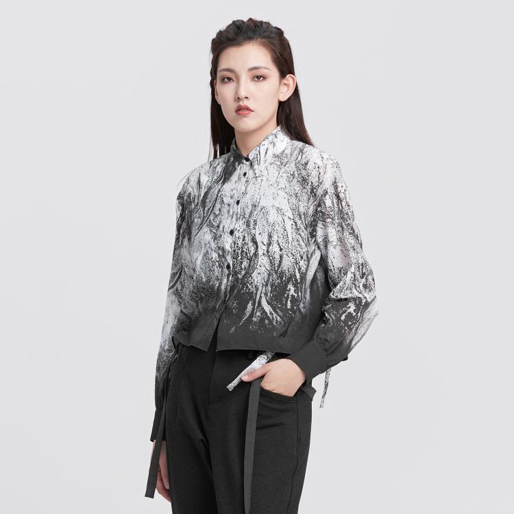 【春夏】文艺水墨晕染抽绳翻领长袖无弹女式衬衫