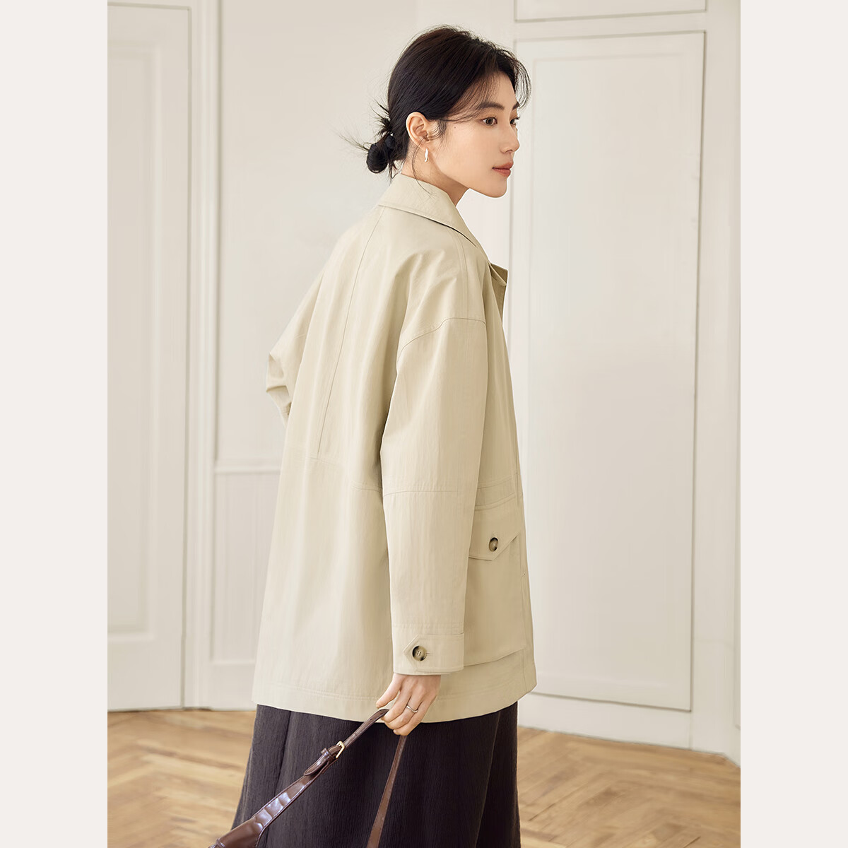 对白【AN大码系列】复古工装风外套春季胖mm高级感卡其色短款风衣 浅卡其 2XL