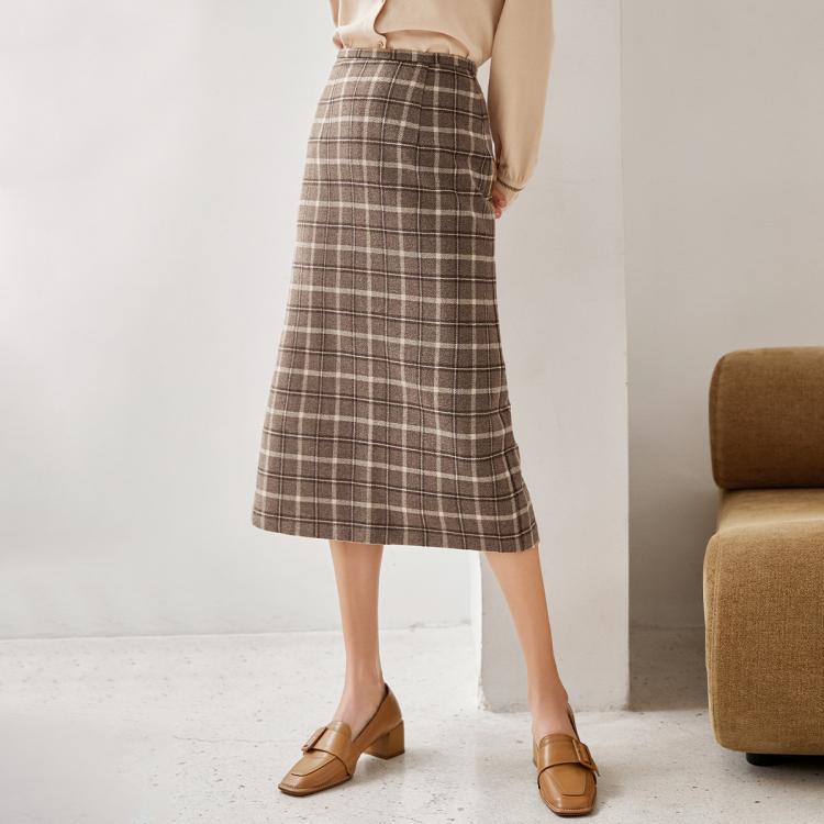 春款撞色格纹A字裙毛呢半裙百搭半截裙女